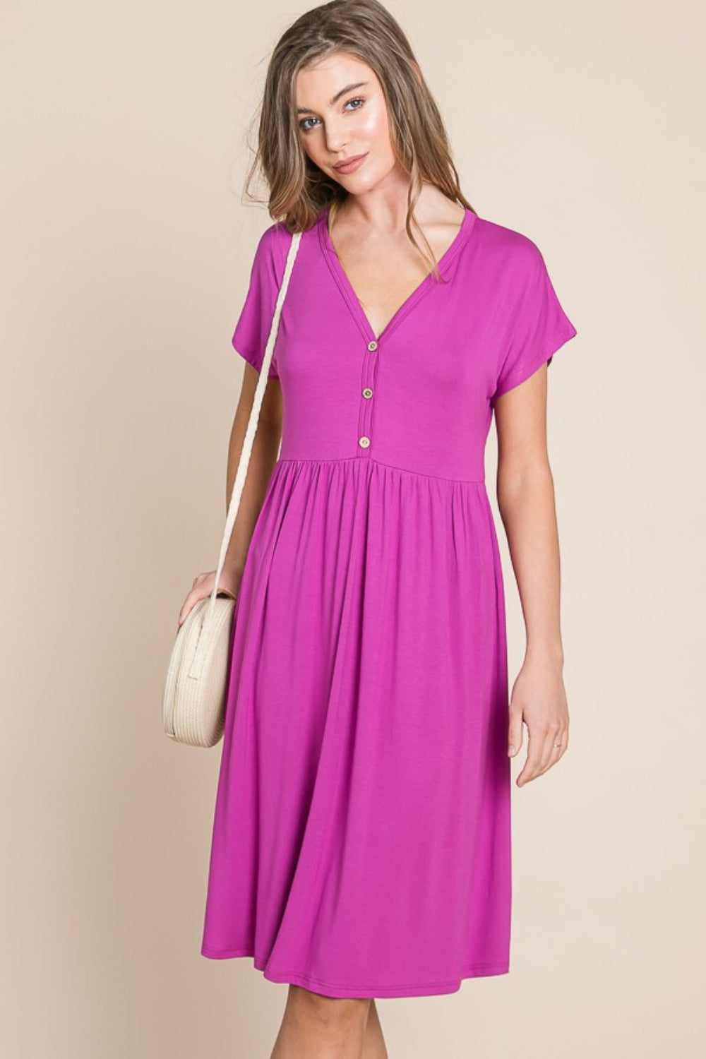 V-Neck Short Sleeve Button Detail Dress - Magenta