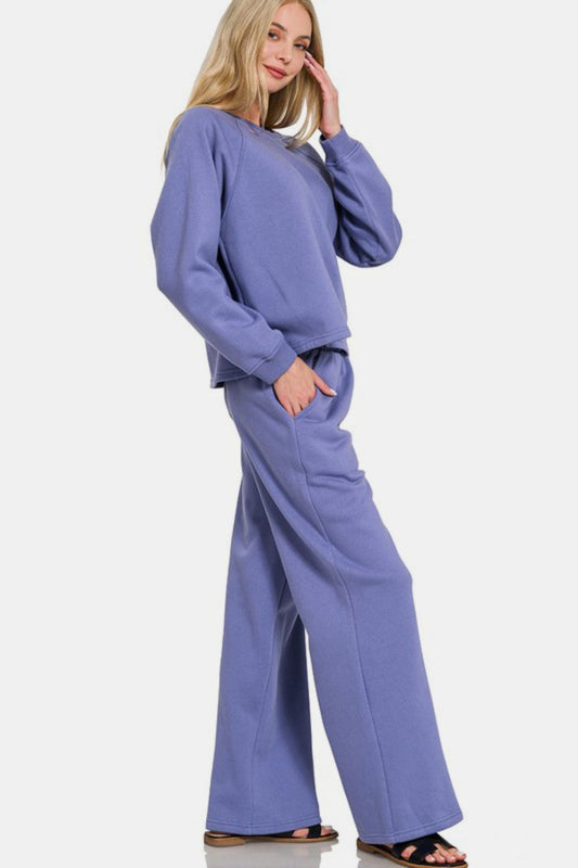 Round Neck Raglan Sleeve Top and Elastic Waist Pants Set - Marlin