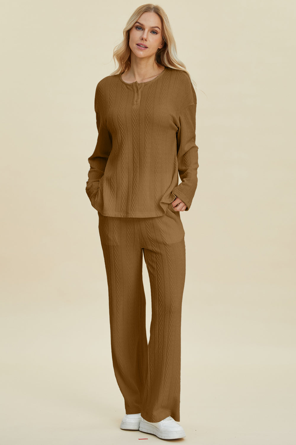 Cable-Knit Long Sleeve Top and Pants Set - 3 Colors