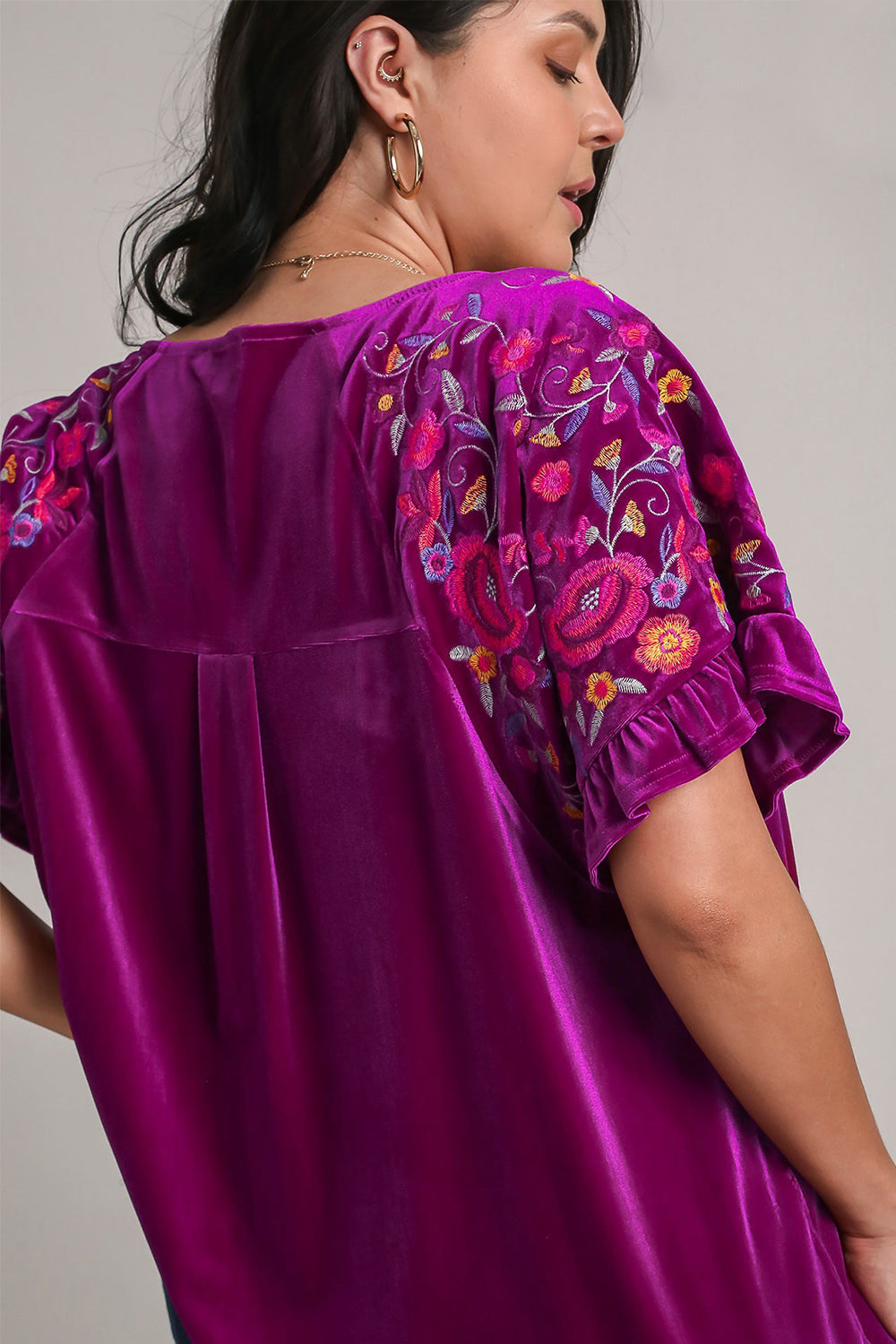 Velvet Embroidery Short Sleeve Blouse - Violet