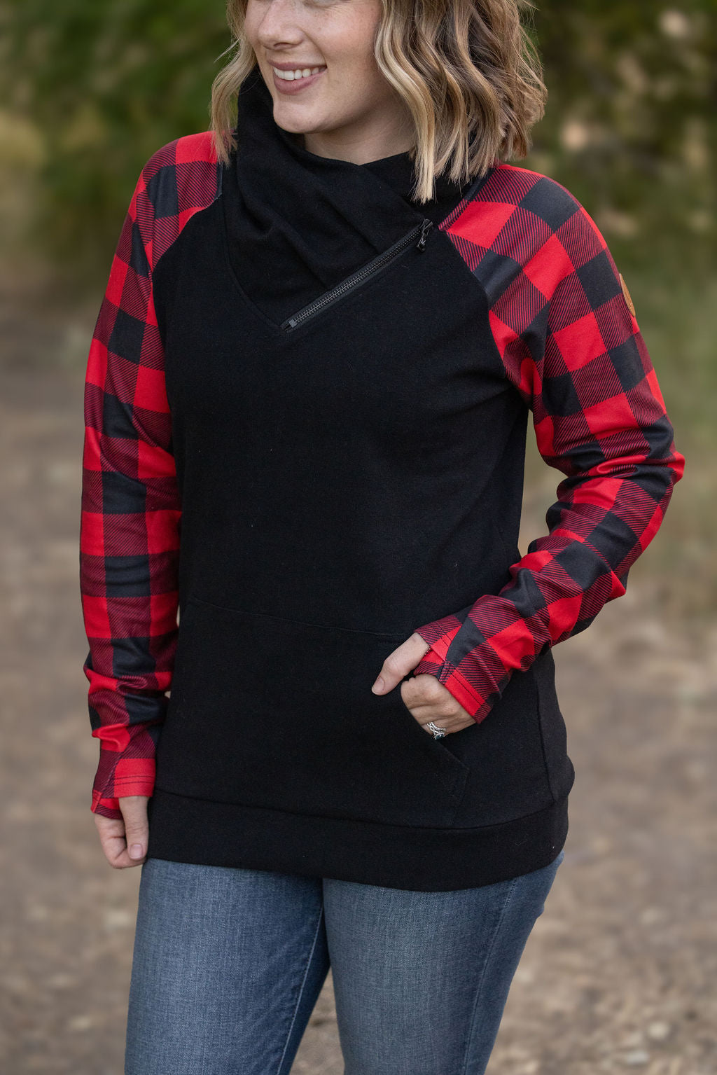 Zoey ZipCowl Sweatshirt - Black and Buffalo Plaid