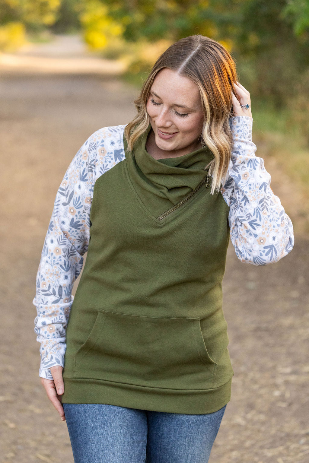 Zoey ZipCowl Sweatshirt - Olive and Boho Floral