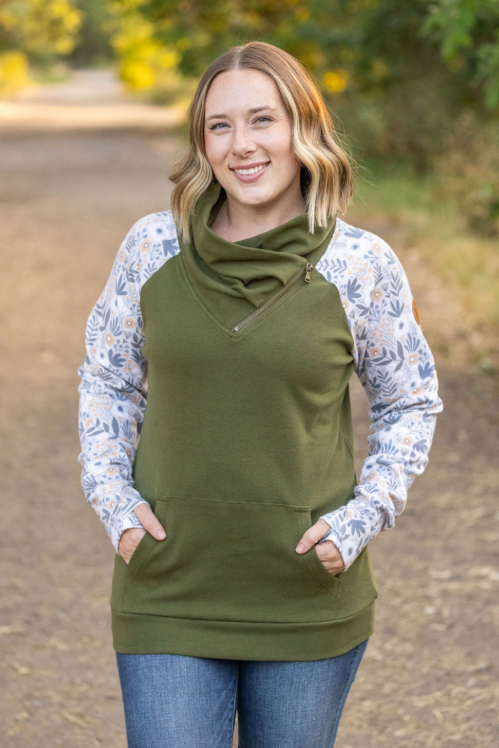 Zoey ZipCowl Sweatshirt - Olive and Boho Floral