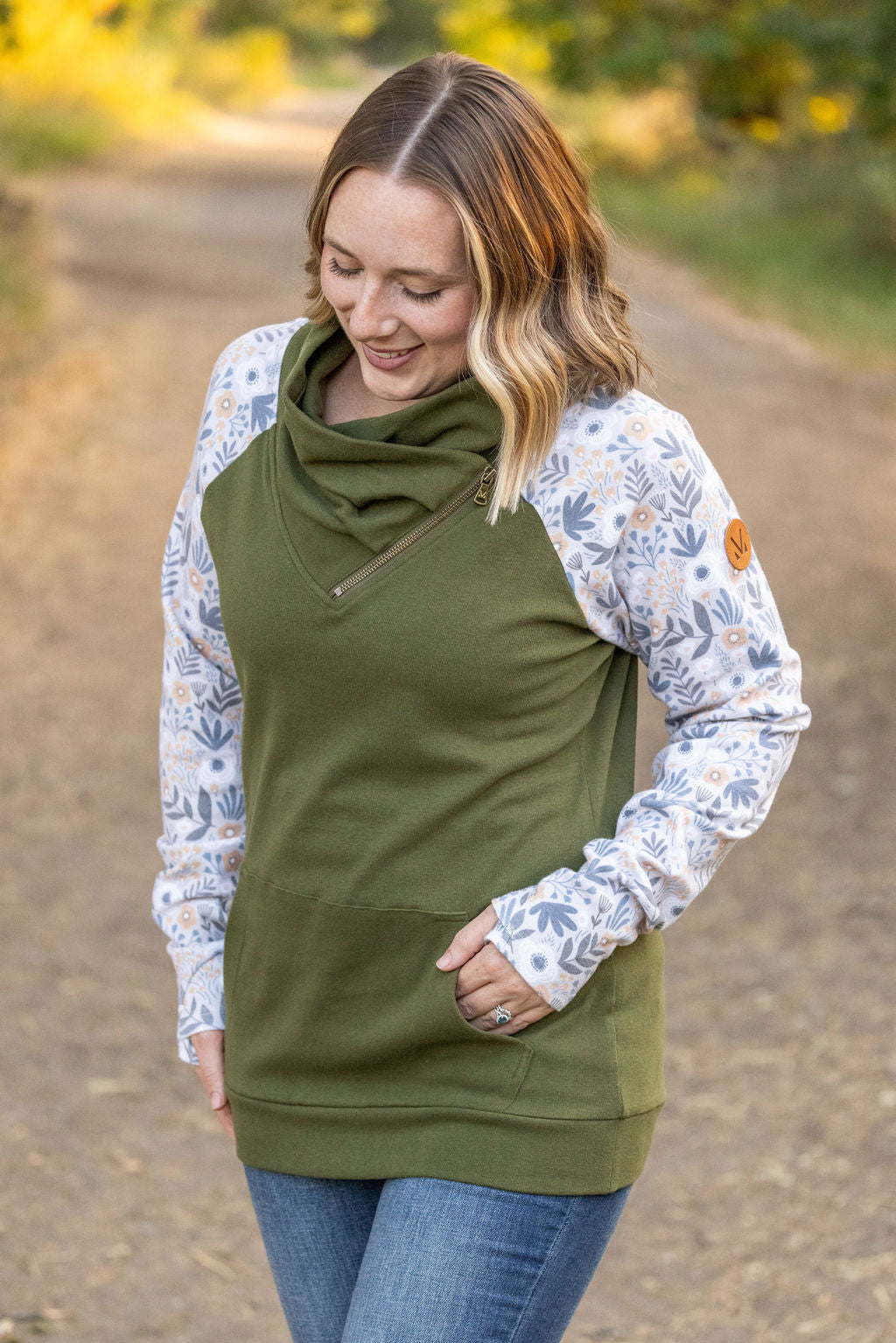 Zoey ZipCowl Sweatshirt - Olive and Boho Floral