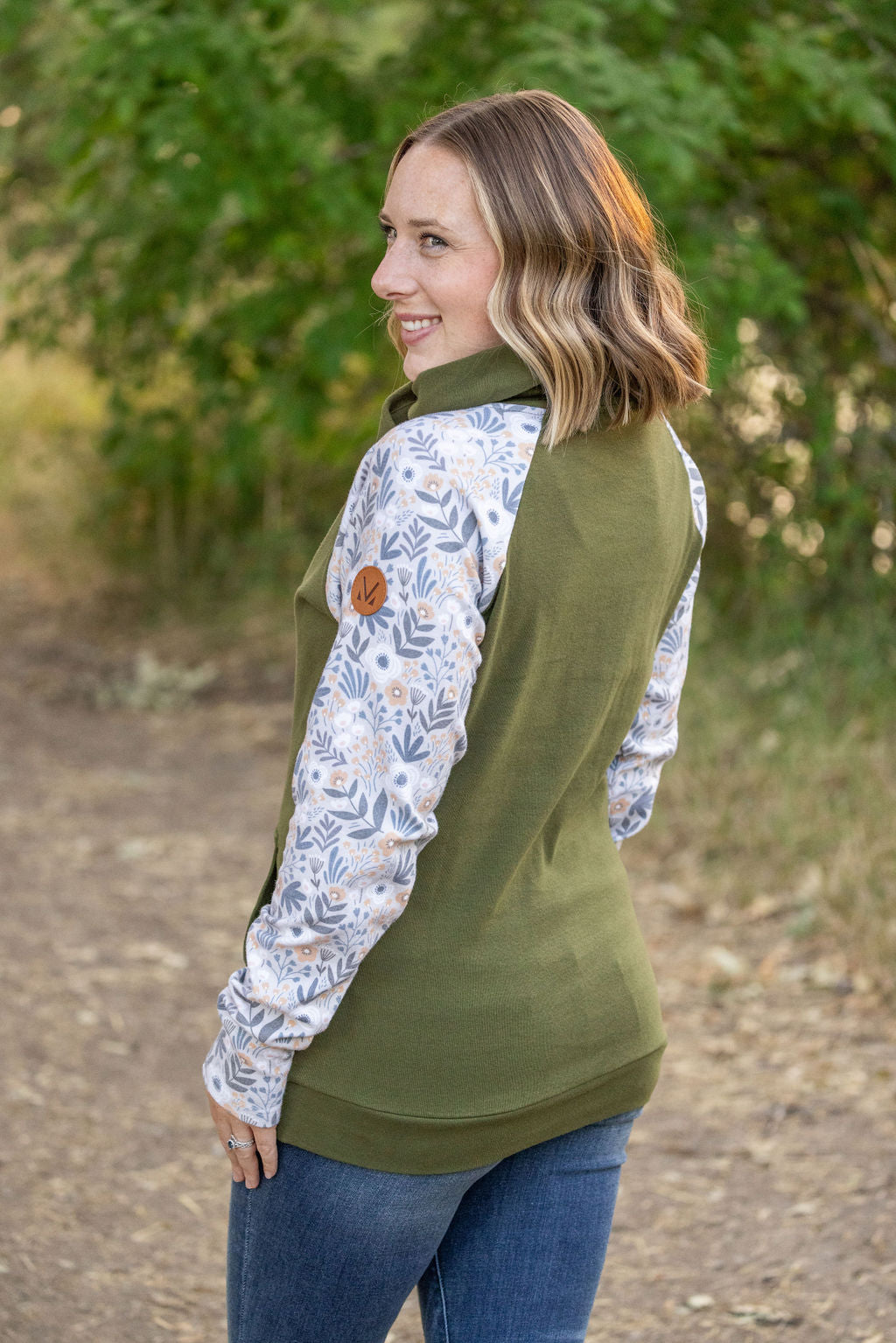 Zoey ZipCowl Sweatshirt - Olive and Boho Floral