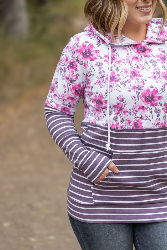 Hailey Pullover Hoodie - Pink Floral and Stripes