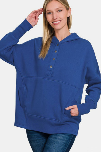 Half Snap Long Sleeve Hoodie with Kangaroo Pocket - Navy