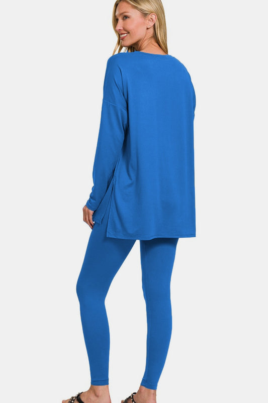 Brushed Microfiber Top and Leggings Lounge Set - Blue