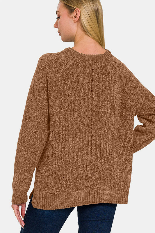 Side Slit Raglan Sleeve Sweater - Camel