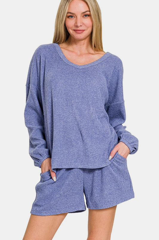 V-Neck Long Sleeve Ribbed Top and Shorts Set - Blue Purple