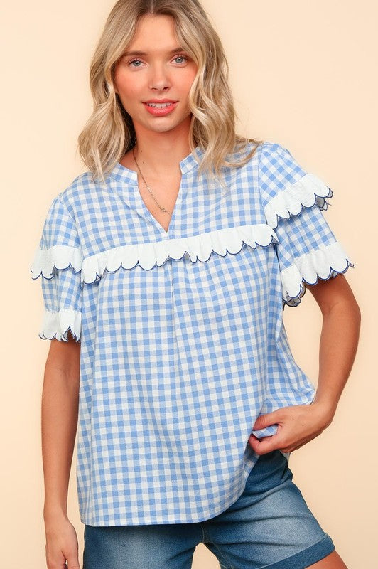 Plaid Scallop Hem Notched Short Sleeve Blouse