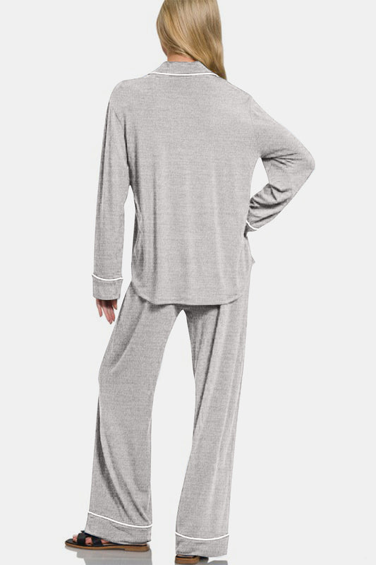 Button Down Long Sleeve Top and Pants Lounge Set - Gray