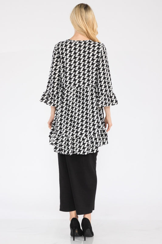 Houndstooth Flounce Sleeve High-Low Top - 4 colors