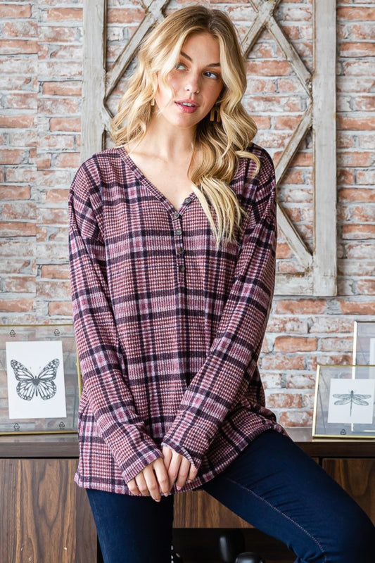 Mauve Plaid V-Neck Long Sleeve Top