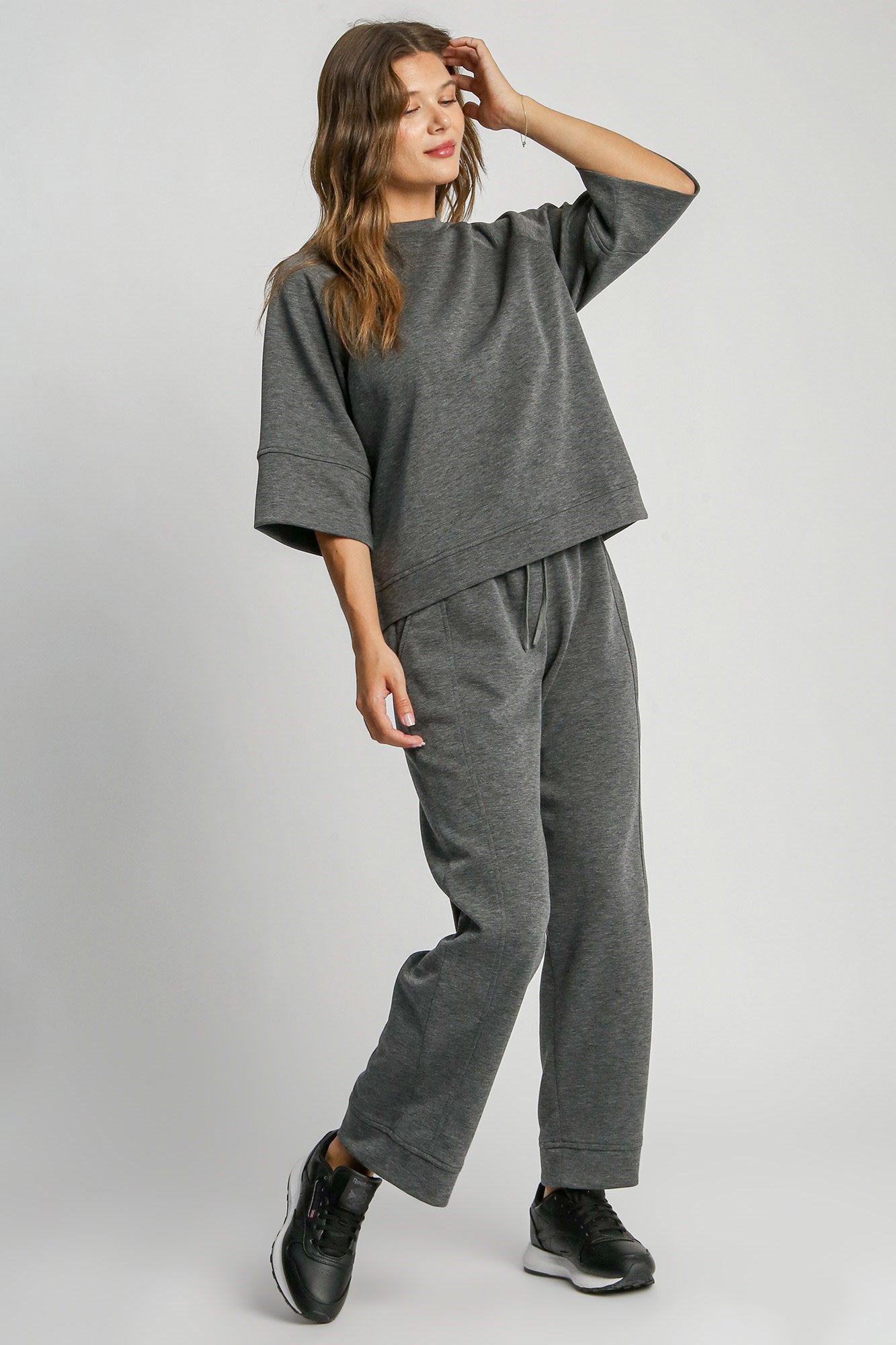 Drawstring Wide Leg Pants with Pockets - Gray