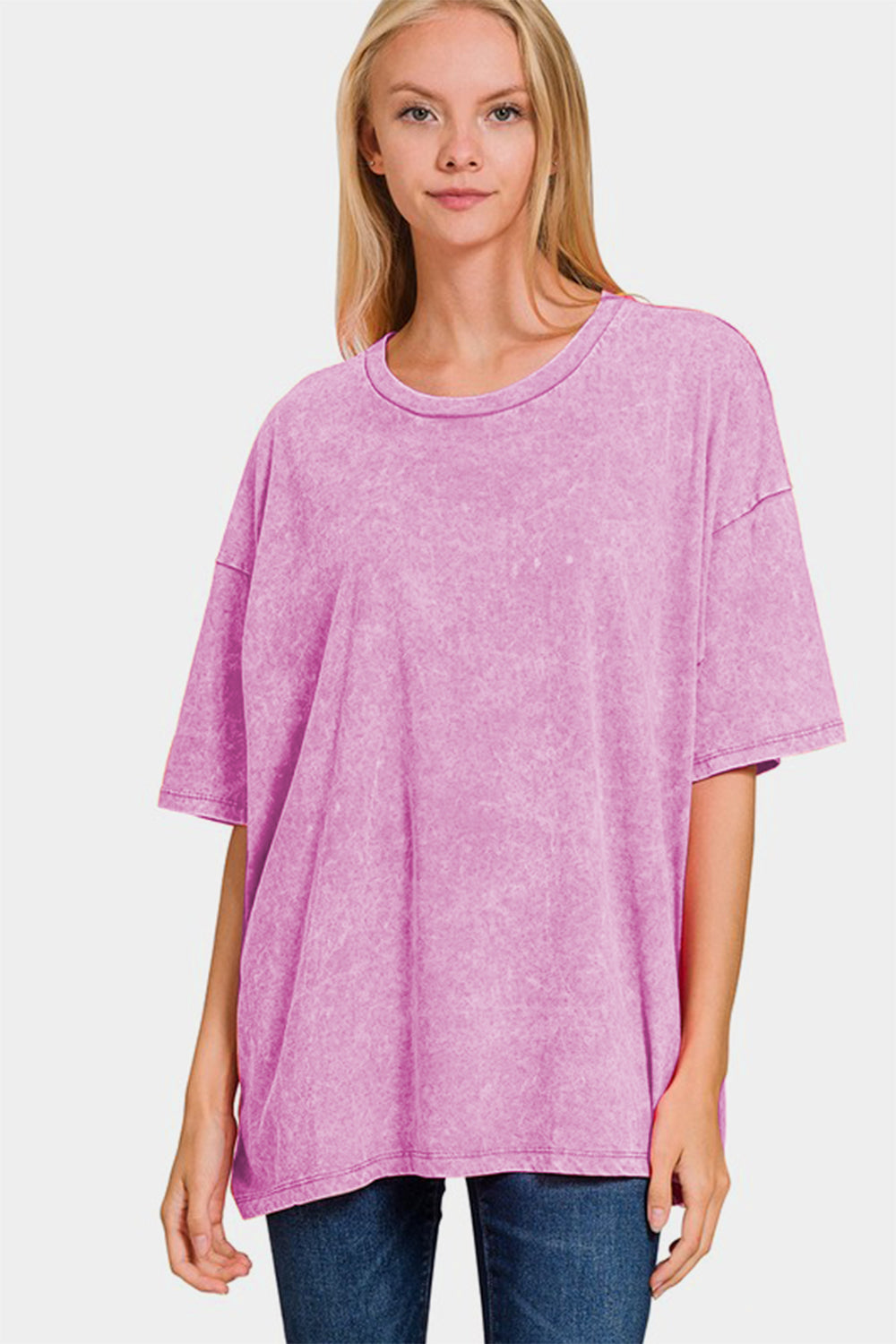 Washed Round Neck Drop Shoulder Oversized T-Shirt - Mauve