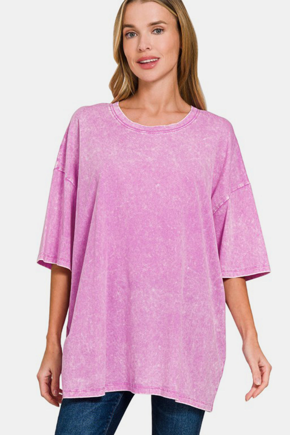 Washed Round Neck Drop Shoulder Oversized T-Shirt - Mauve