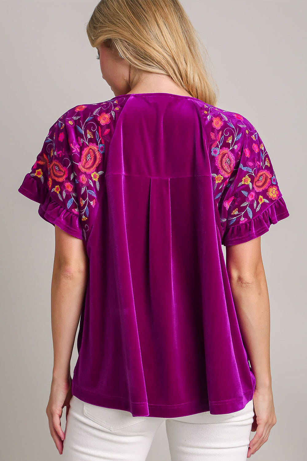 Velvet Embroidery Short Sleeve Blouse - Violet