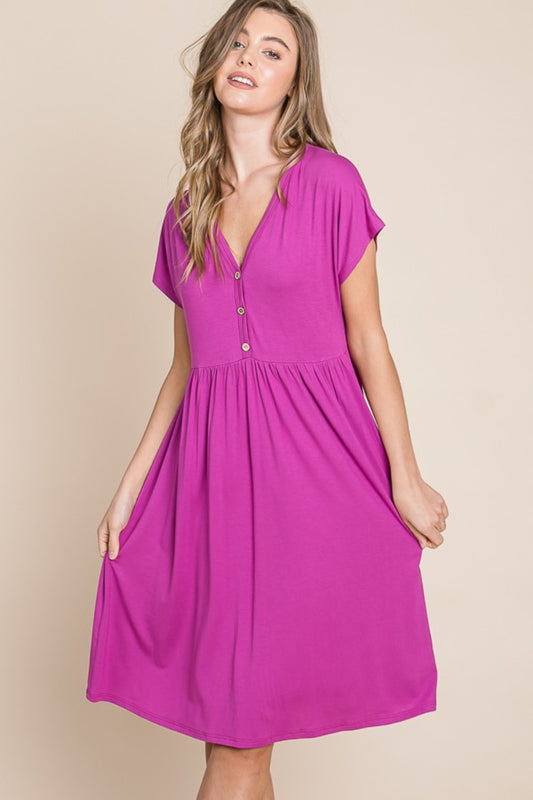 V-Neck Short Sleeve Button Detail Dress - Magenta