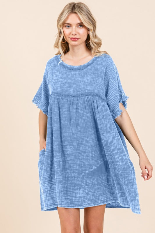 Short Sleeve Babydoll Texture Dress with Pockets - Dusty Blue