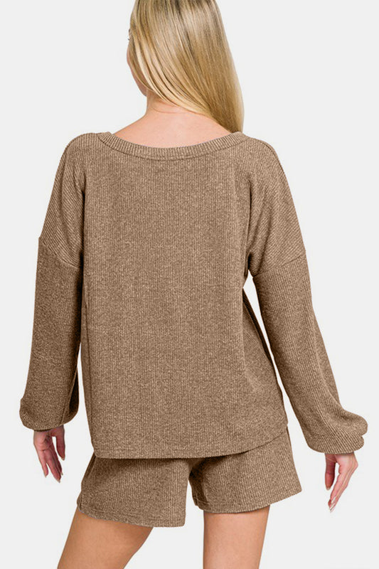 V-Neck Long Sleeve Ribbed Top and Shorts Set - Camel