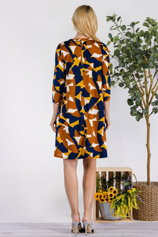 Geometric Round Neck Dress with Pockets - Navy