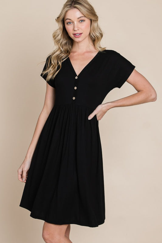 V-Neck Short Sleeve Button Detail Black Dress