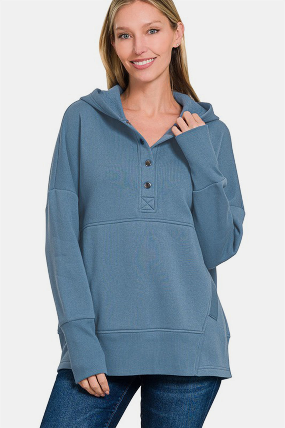 Half Snap Long Sleeve Hoodie with Kangaroo Pocket - Dusty Blue