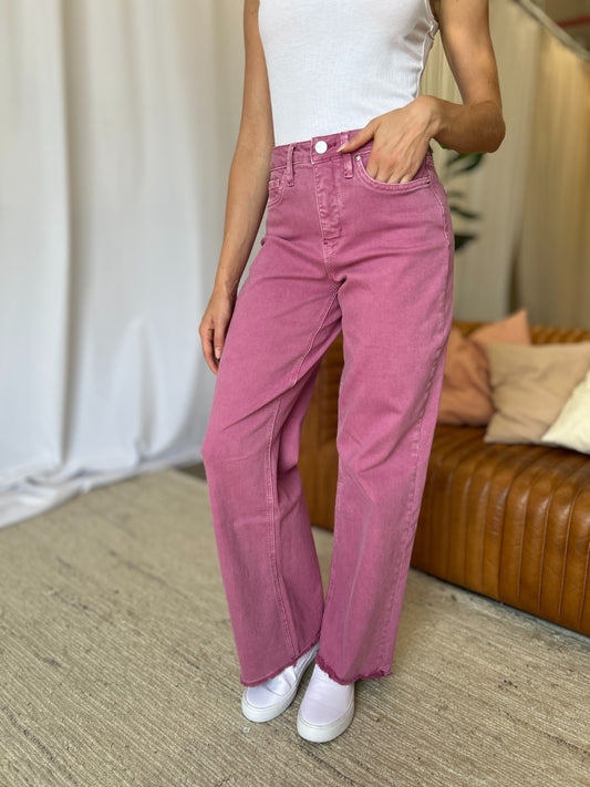 RFM High Rise Garment Dye Wide Leg Jeans - French Rose