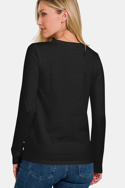 Solid Color Round Neck Long Sleeve T-Shirt - Black