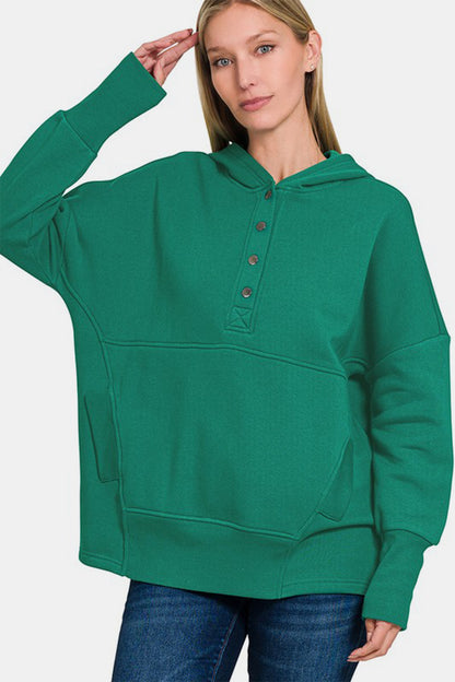 Half Snap Long Sleeve Hoodie with Kangaroo Pocket - Green