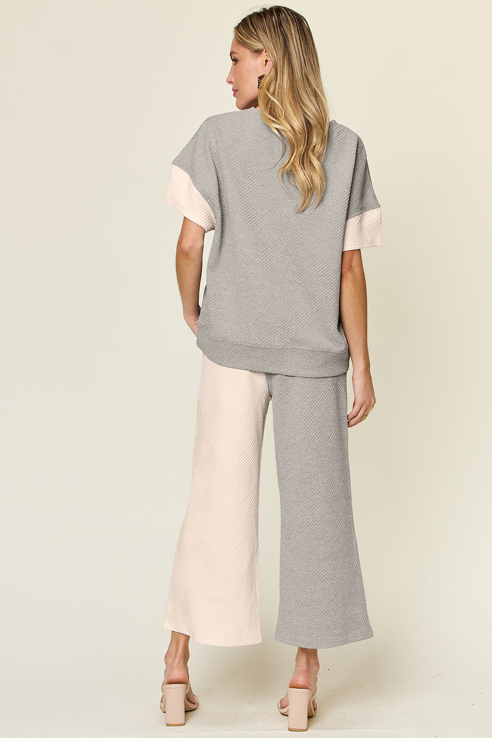 Texture Contrast T-Shirt and Wide Leg Pants Set - 4 Colors