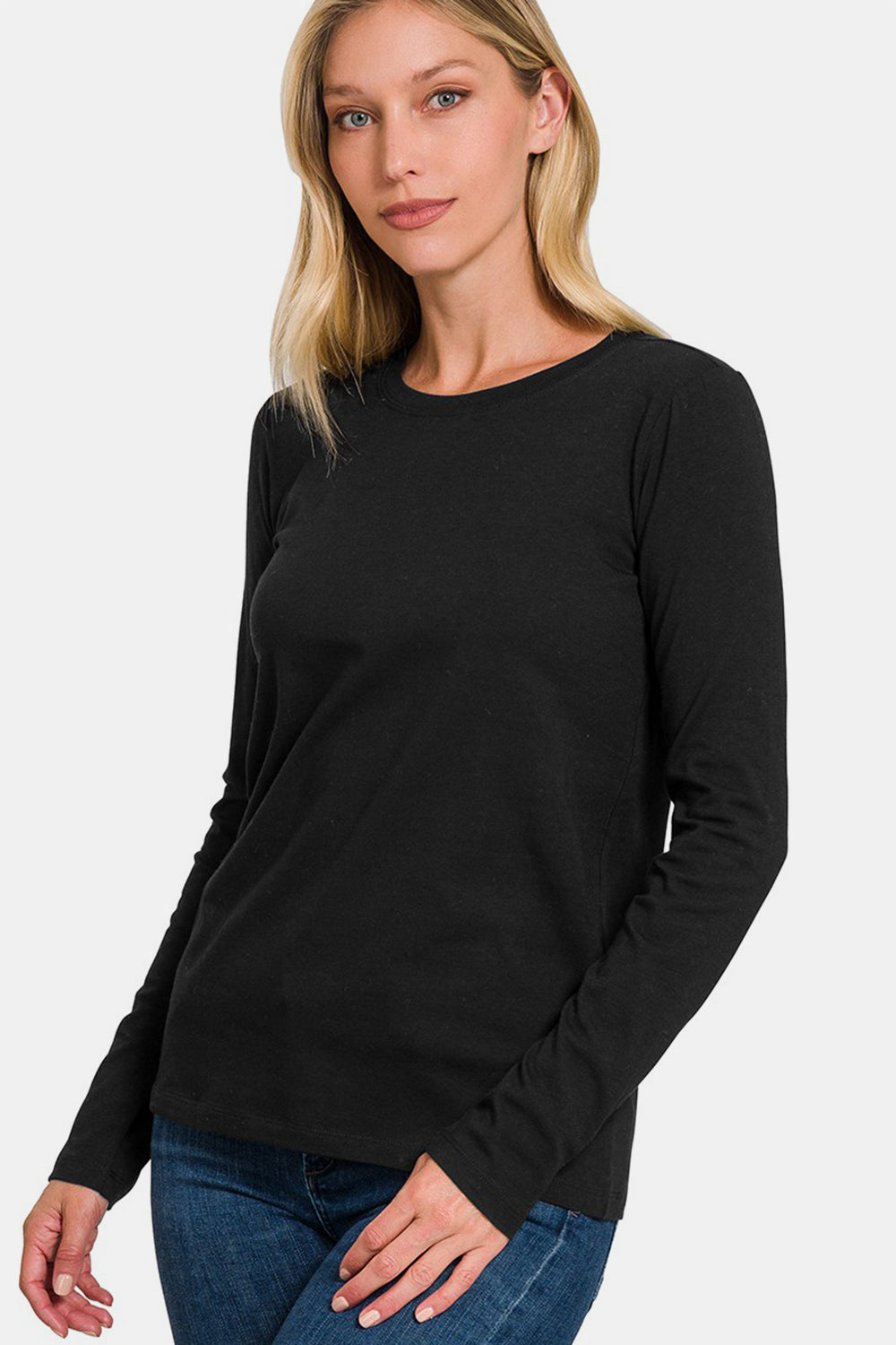 Solid Color Round Neck Long Sleeve T-Shirt - Black