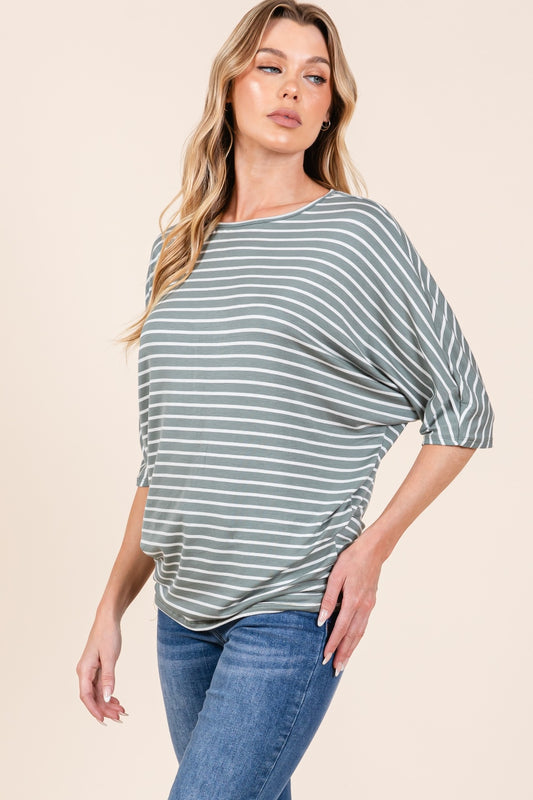 Striped Boat Neck Dolman Sleeve Top - Olive