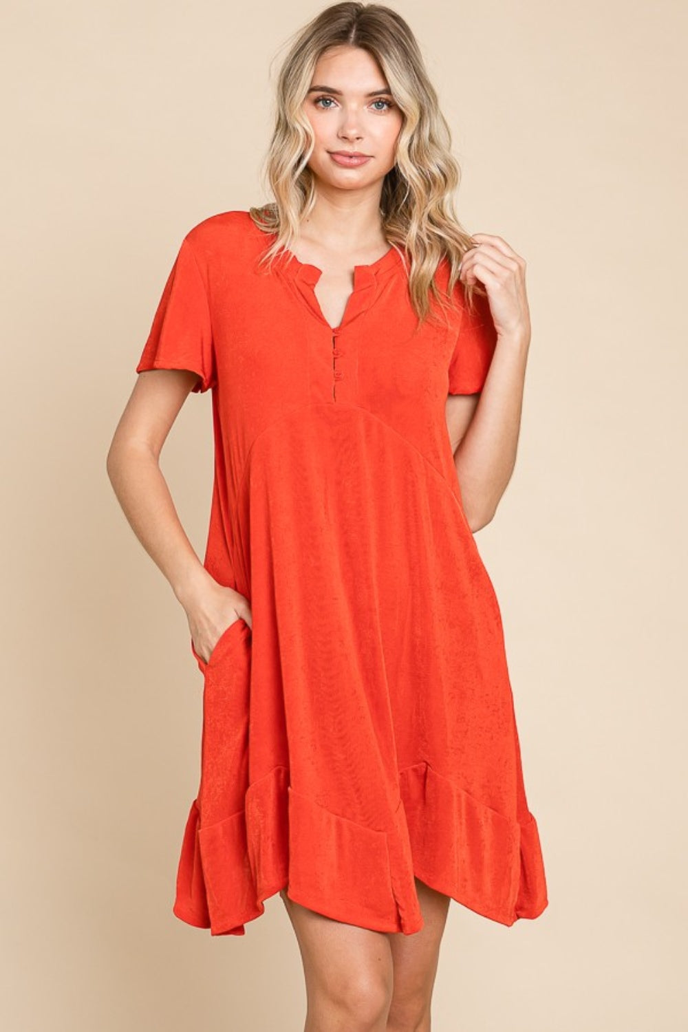 Notched Short Sleeve Dress - Scarlet