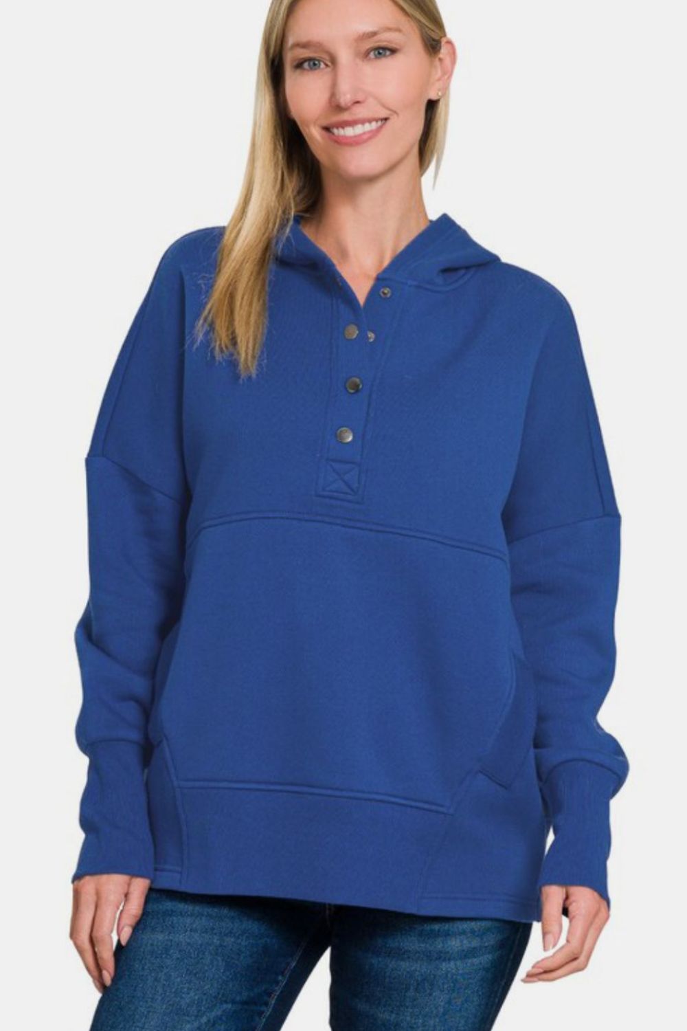 Half Snap Long Sleeve Hoodie with Kangaroo Pocket - Navy