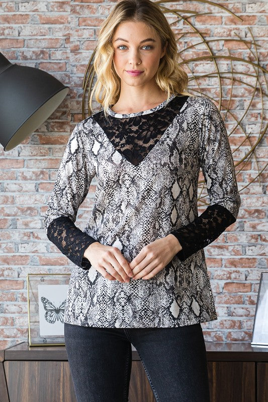 Snakeskin Print Round Neck Lace Contrast Top