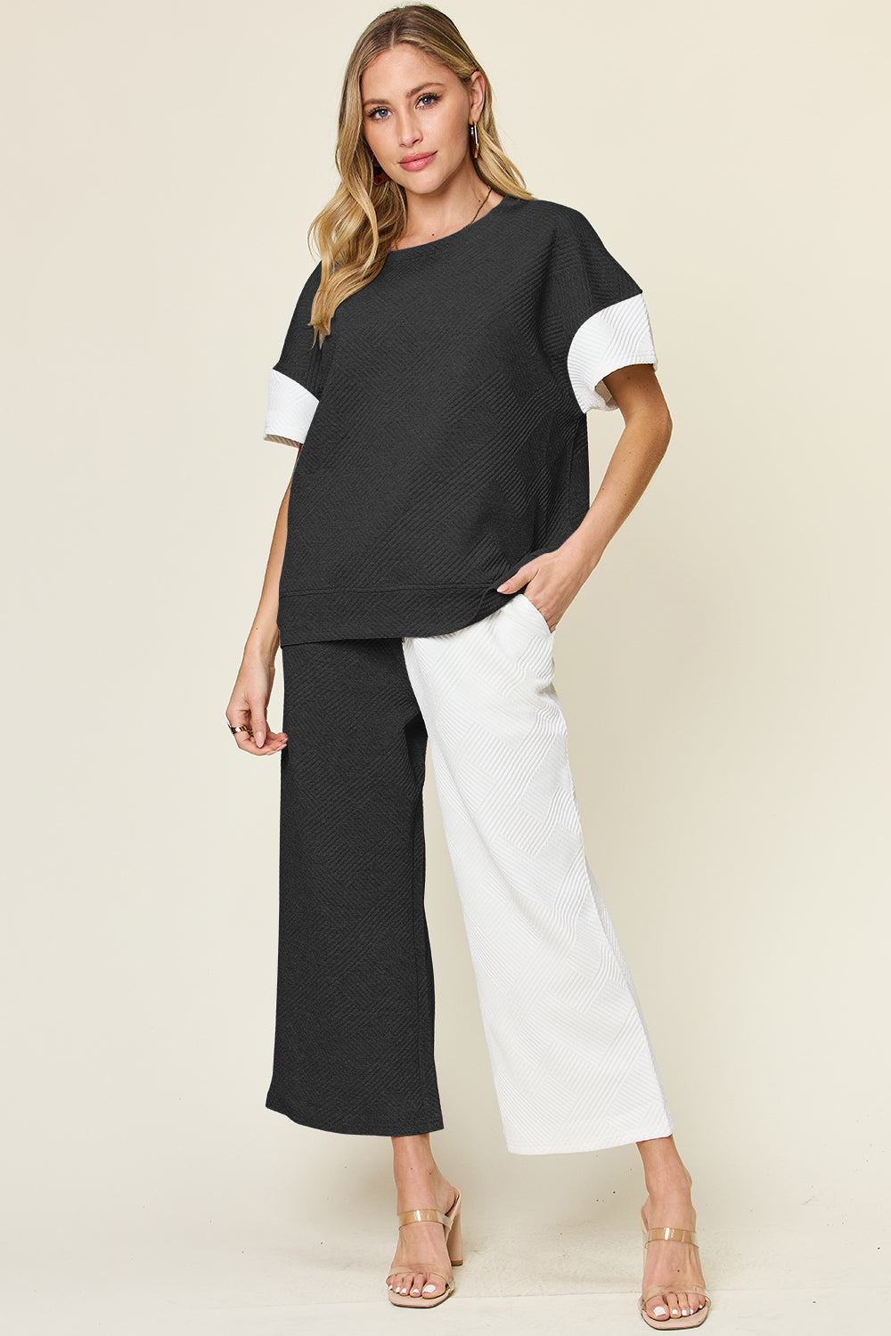 Texture Contrast T-Shirt and Wide Leg Pants Set - 4 Colors