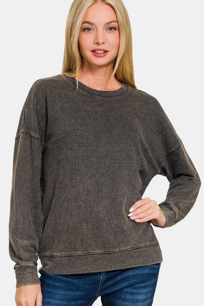 Washed Round Neck Dropped Shoulder Sweatshirt - Black