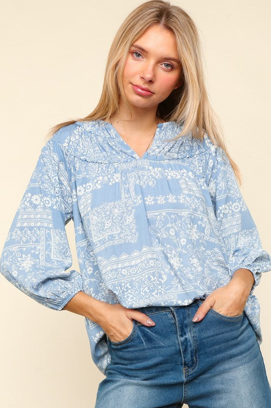 Printed Notched Balloon Sleeve Blouse