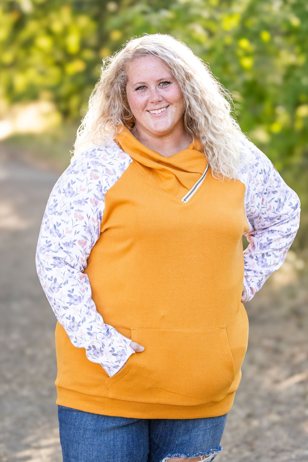 Zoey ZipCowl Sweatshirt - Mustard and Harvest Floral