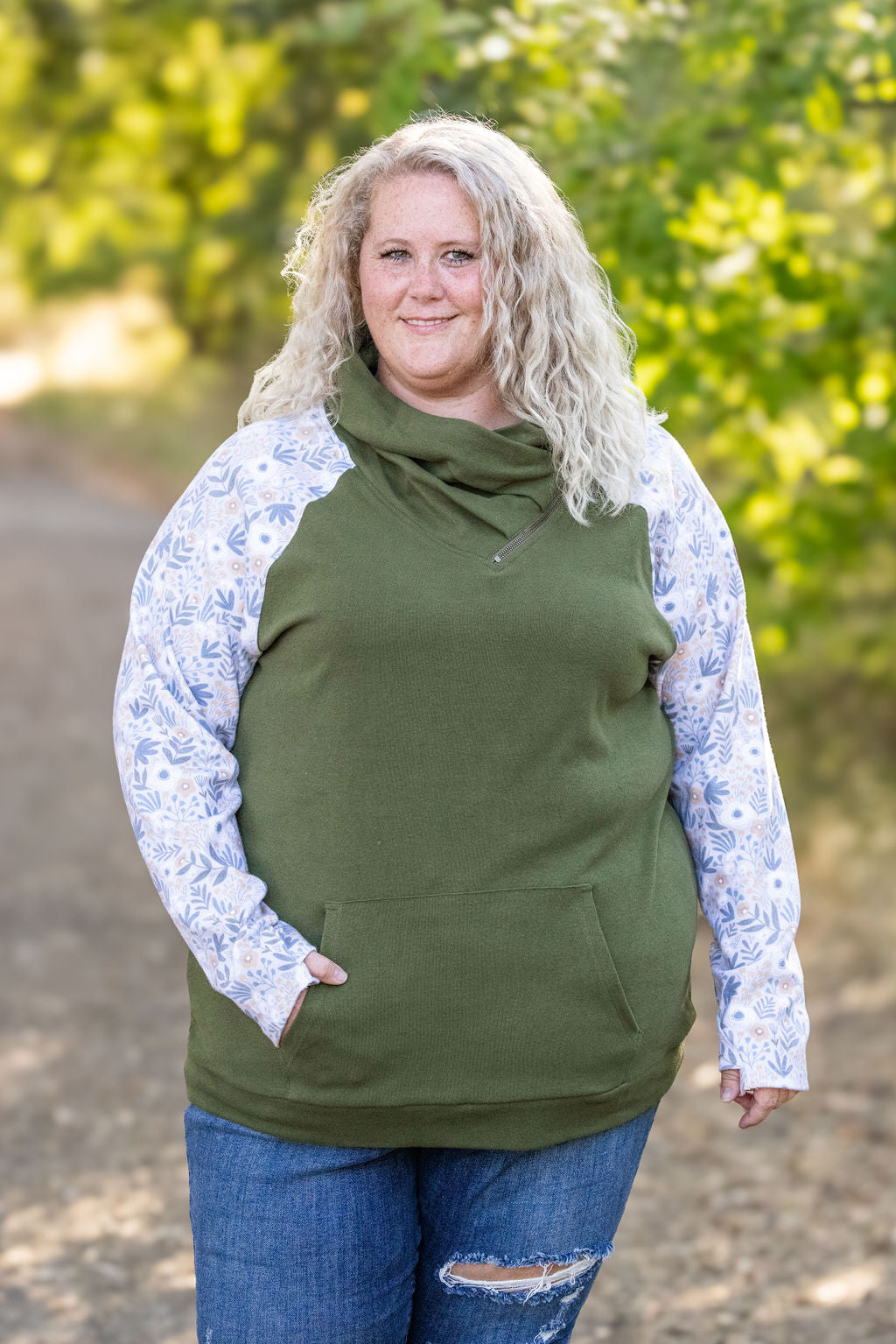 Zoey ZipCowl Sweatshirt - Olive and Boho Floral