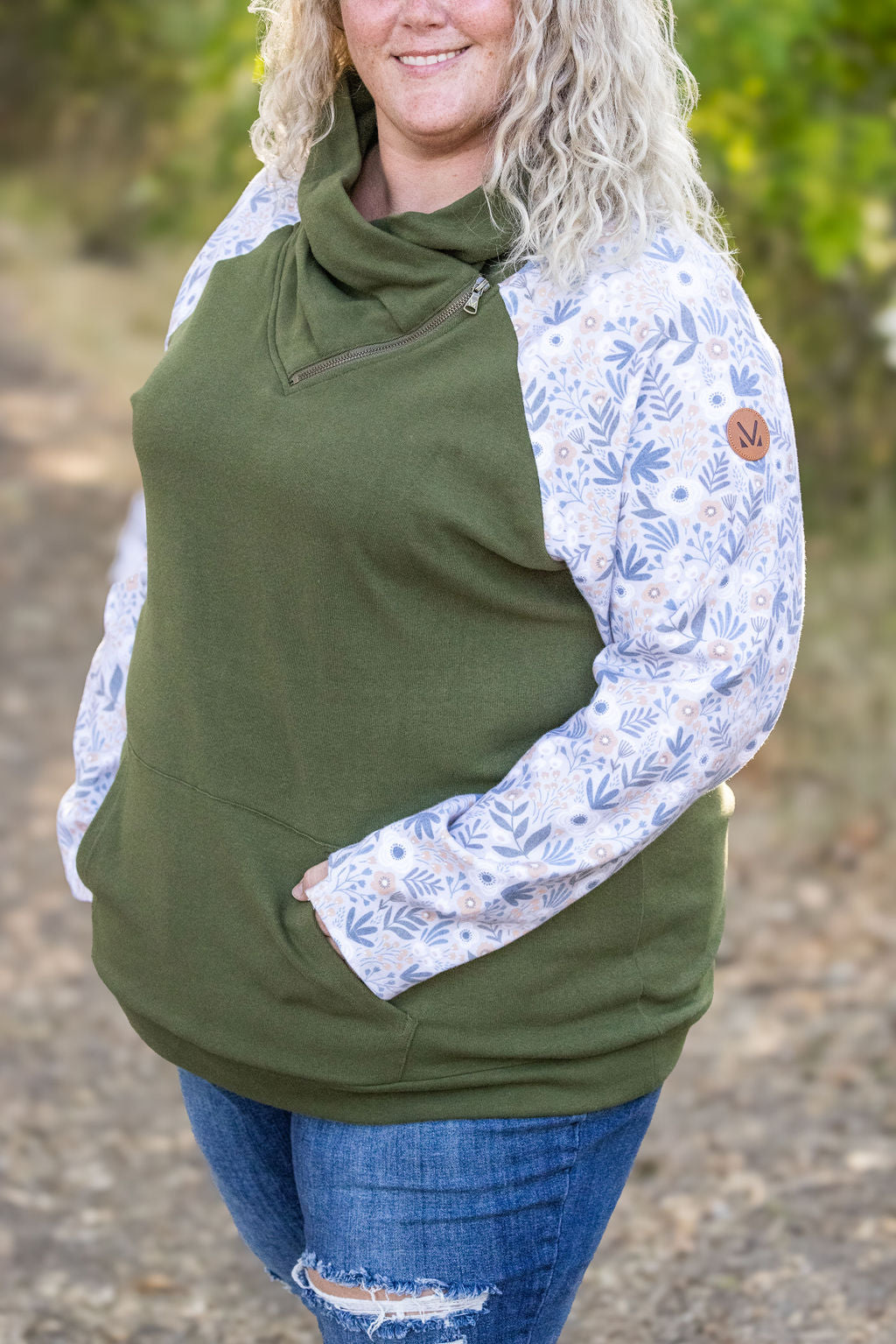 Zoey ZipCowl Sweatshirt - Olive and Boho Floral