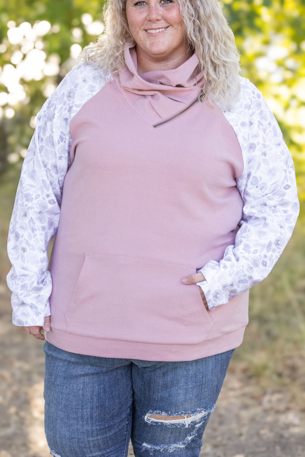 Zoey ZipCowl Sweatshirt - Pink and Blush Floral