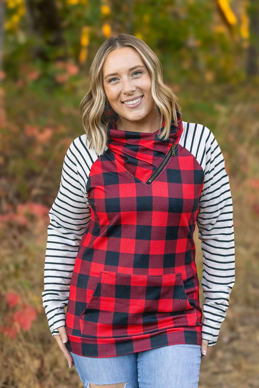 Zoey ZipCowl Sweatshirt - Buffalo Plaid and Oatmeal Stripes