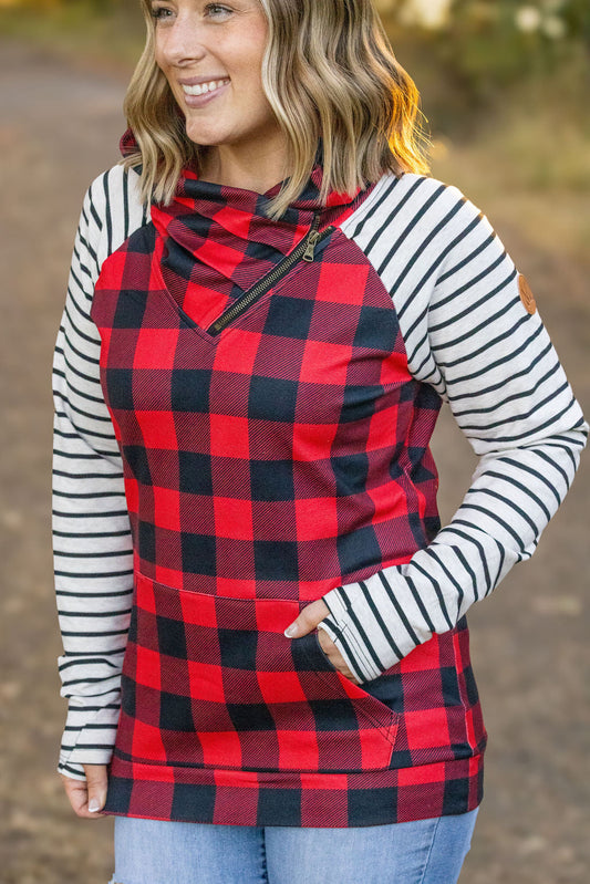 Zoey ZipCowl Sweatshirt - Buffalo Plaid and Oatmeal Stripes