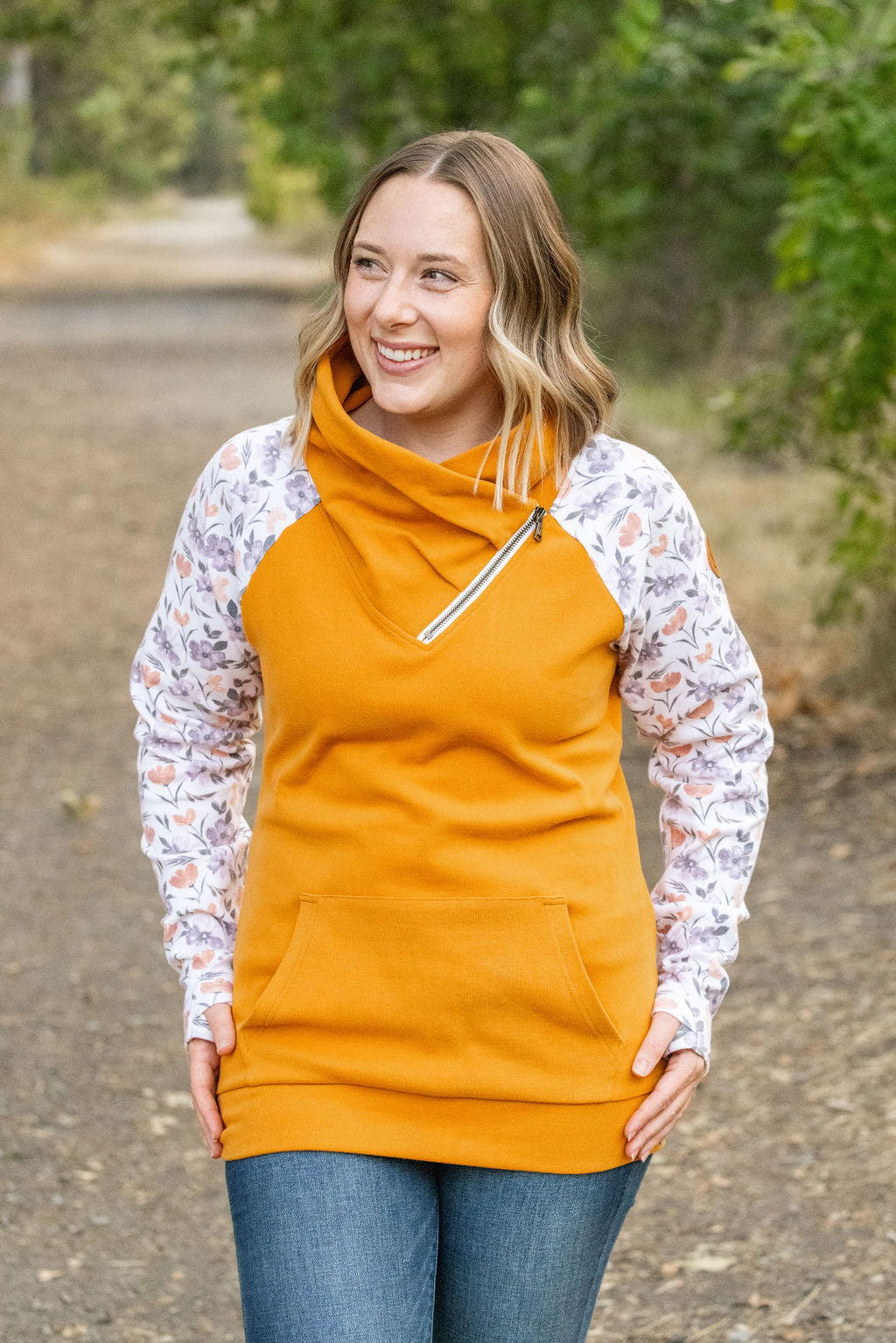 Zoey ZipCowl Sweatshirt - Mustard and Harvest Floral