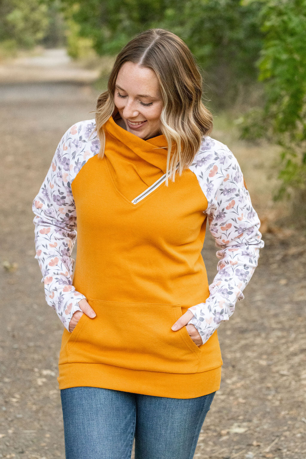 Zoey ZipCowl Sweatshirt - Mustard and Harvest Floral