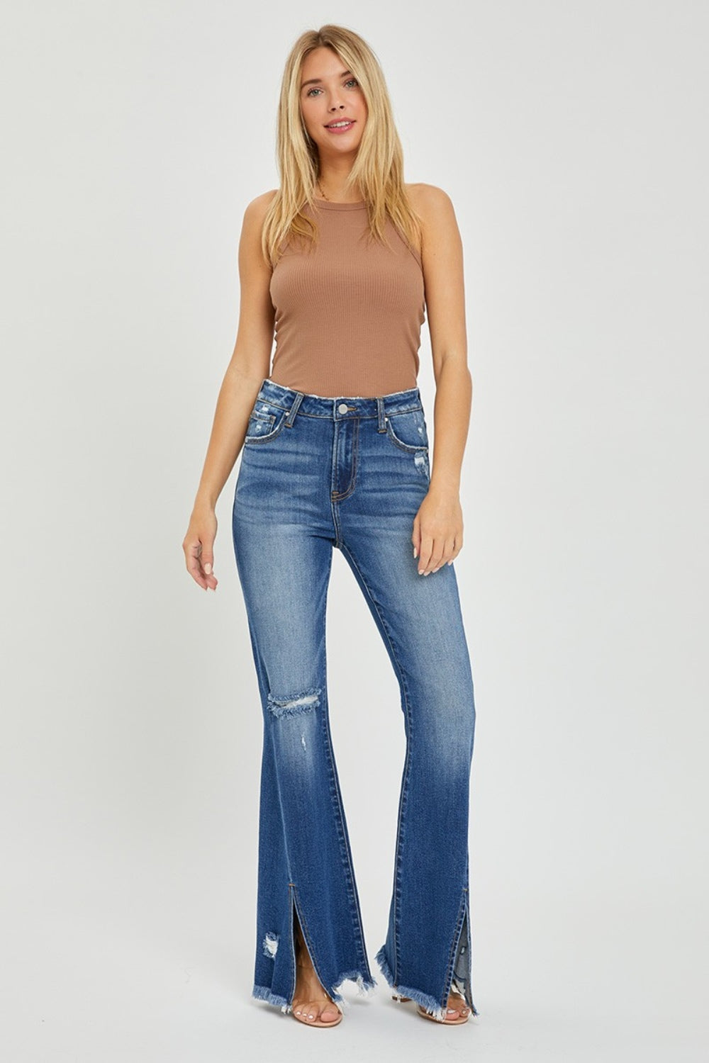 RISEN High Rise Front Slit Frayed Hem Flare Jeans