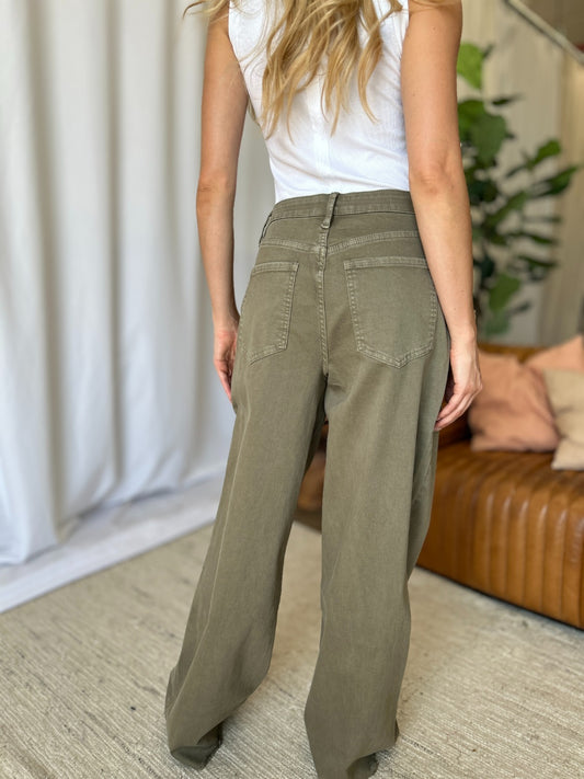 RFM High Rise Garment Dye Wide Leg Jeans - Sage